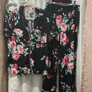 Floral Satin Pajama Set - Black with Pink Roses